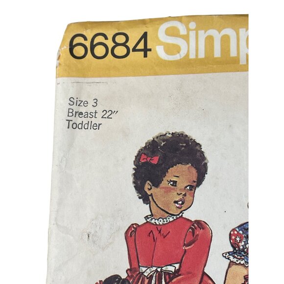 70s Simplicity 6684 Sewing Pattern Size 3 Toddlers Dress Apron Doll Vintage CUT - Picture 2 of 7